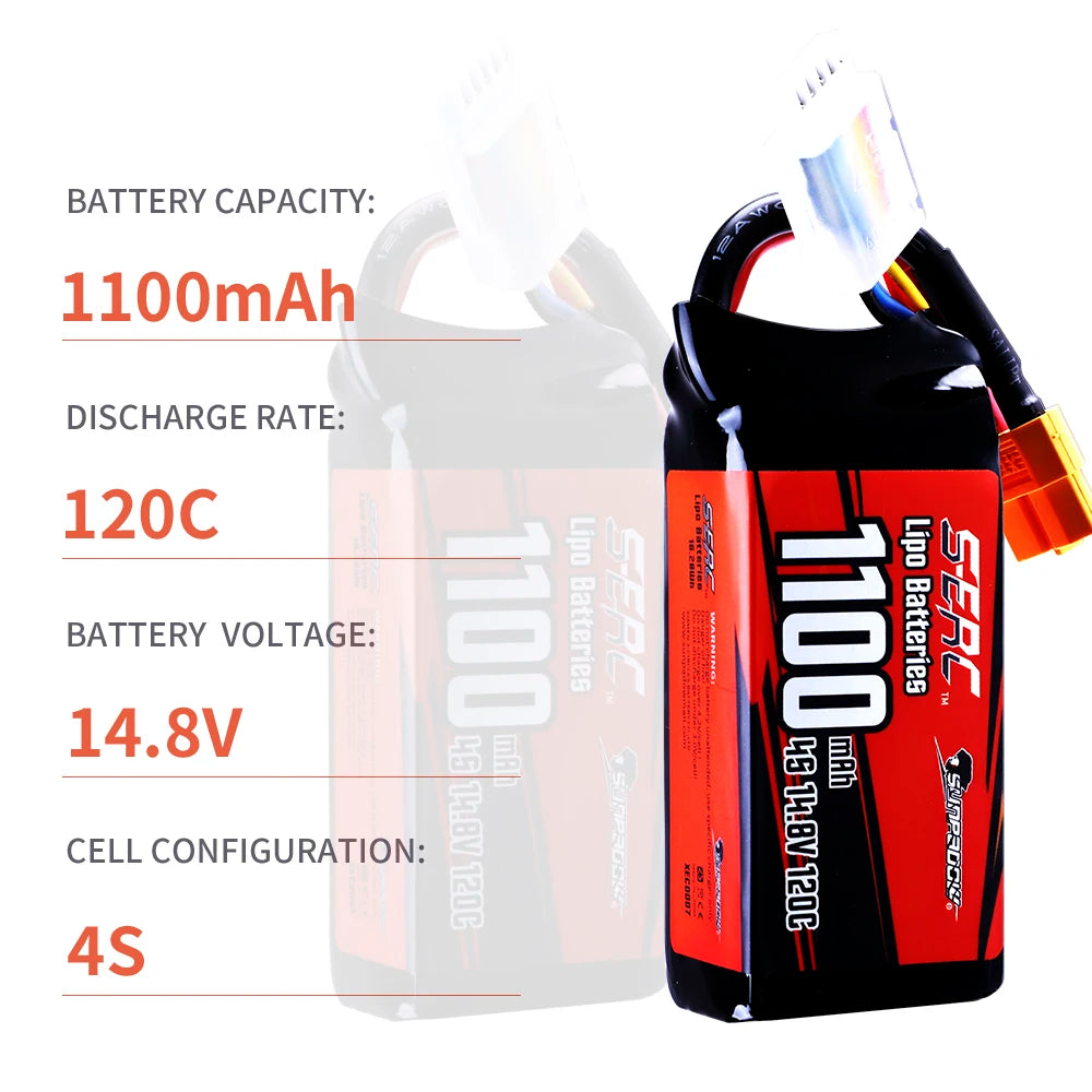 2 Packs Sunpadow 14.8V 4S Lipo Battery 1100mAh 1300mAh 1500mAh 120C Soft Pack with XT60 Plug for RC FPV Quadcopter Drone Airplane