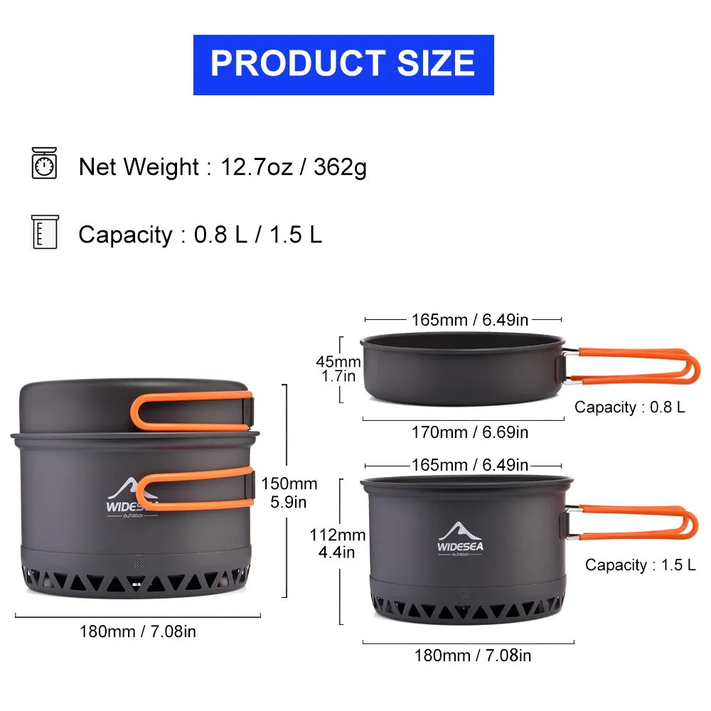 Widesea Camping Cookware Set 1.3L 2.3L Outdoor Cooking Pot Kettle Travel Tableware Utensils
