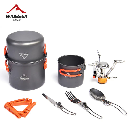 Widesea Camping Cookware Set Portable Outdoor Cooking Equipment Burner Stove Folding Knife Fork Pot Suit for Travel and Tourism