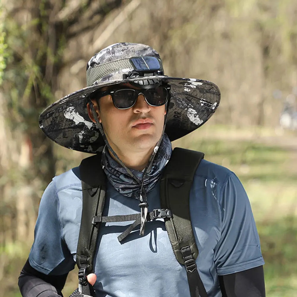 Solar Fan Hat Outdoor Fishing Hat with 2 Solar Fans Wide Brim Bucket Hat Summer Cap for Men Camping Hiking