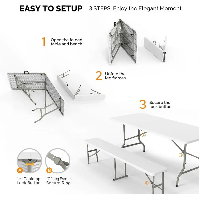 Picnic Table Set with 2 Benches 6 Feet Camping Table Chair Set 3 Piece Folding Furniture for Indoor or Outdoor Use