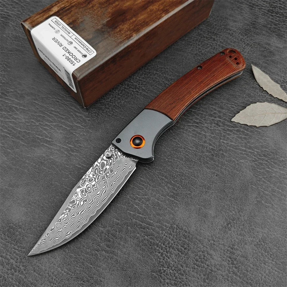 Damascus Steel Blade BM 15080 Crooked River Folding Knife Wooden G10 Handles Outdoor Camping Pocket Knives EDC Tactical Tool