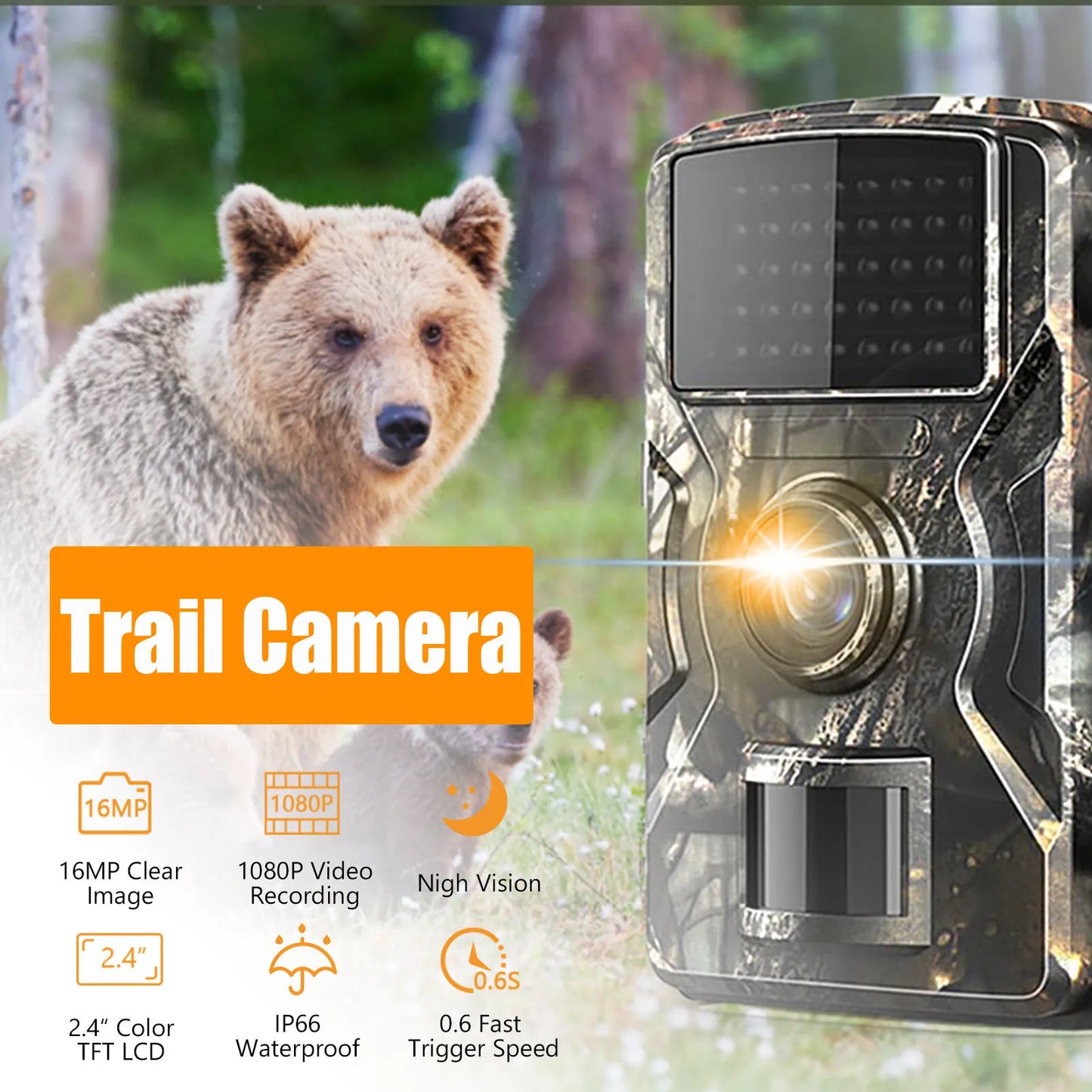1080P Hunting Camera with 2.0 Inch LCD and 16MP Infrared Night Vision Waterproof Trail Camera