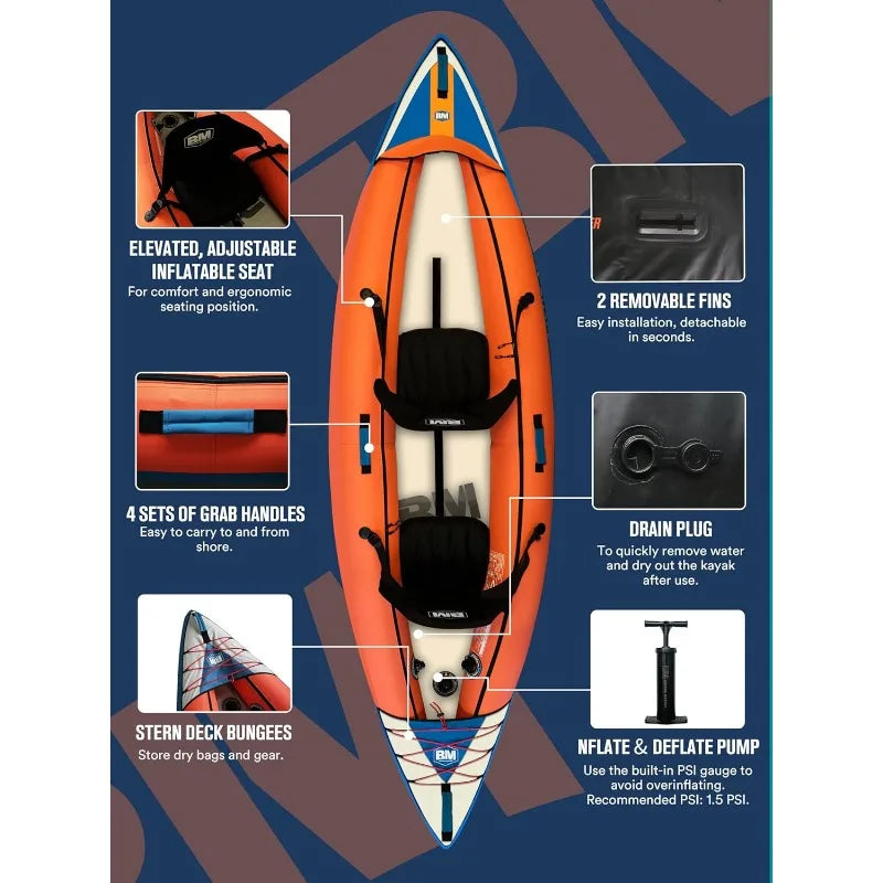 Beyond Marina Inflatable Kayak 2 Person Recreational Touring Kayak with Hand Pump and Pressure Gauge Fishing Tandem Kayak 11.15 FT