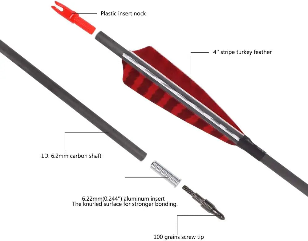 30 Inch Pure Carbon Arrows for Compound Bows 6 or 12 Pack Spine 600 700 with 100 Grain Screw Tips and 4 Inch Turkey Feathers