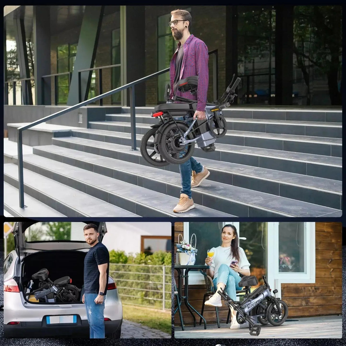AOVOPRO 14 Inch EB60 Foldable Electric Bike 500W 48V 10.4AH Two Seat Long Range 22MPH 28 Miles