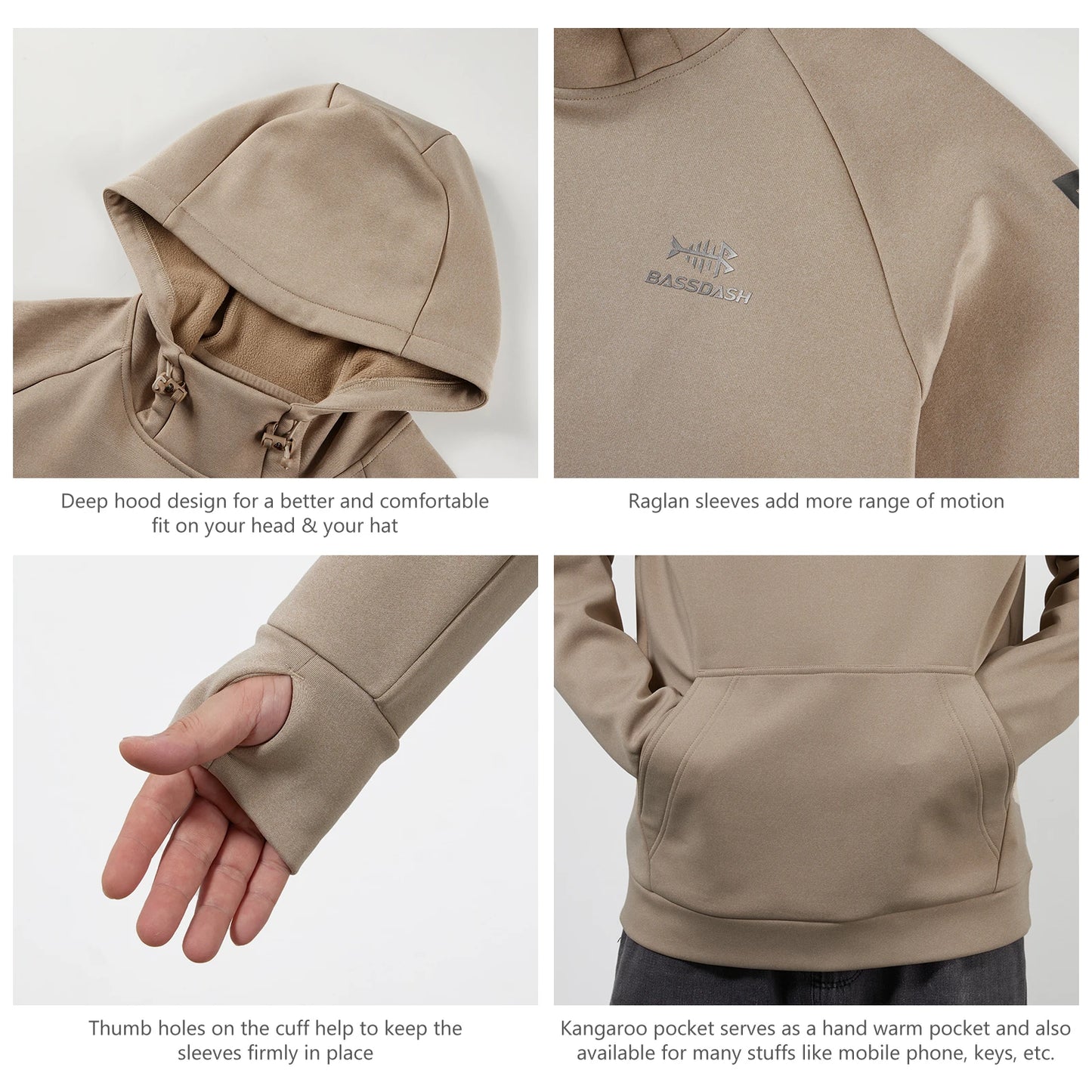BASSDASH Men’s Fleece Lined Fishing Hoodie Water Resistant Performance Pullover Sweatshirt Stretchy Hunting Workout Sweatshirt