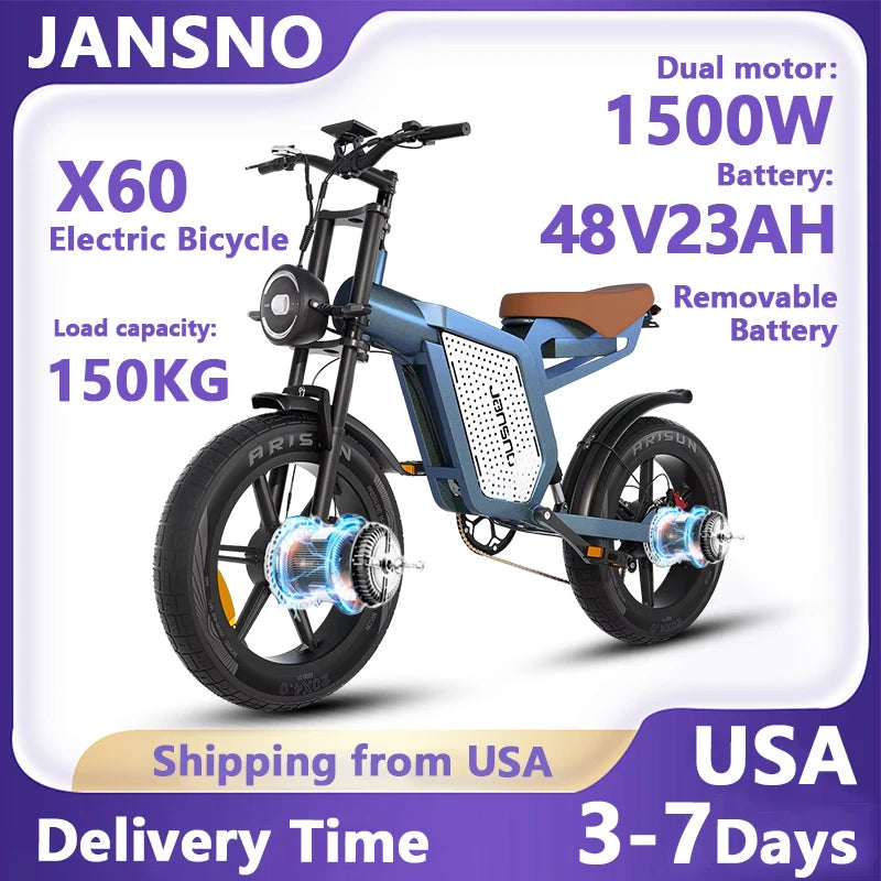 Jansno X60 E-Bike 1500W Dual Motor 48V 23Ah Battery Large LCD Display Electric Bicycle Fat Tire Motorcycle Retro Electric Bike