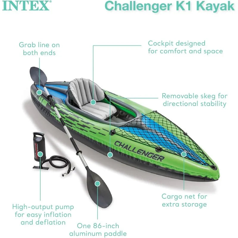Intex Challenger K1 One Person Durable Vinyl Kayak with Inflatable Seat Oar Pump Carrying Bag