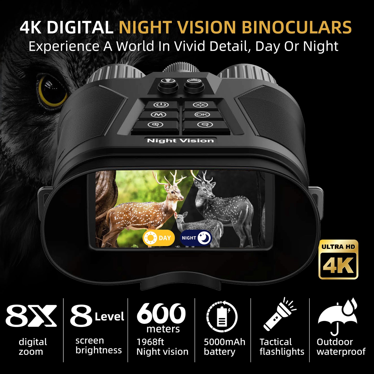Tinsol 600M Infrared Night Vision Telescope Hunting Camera 3 Inch 4K HD 8x Zoom Anti Shake Digital Binoculars with Flashlight