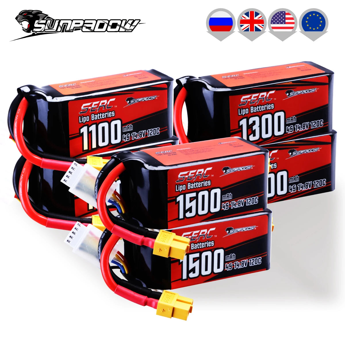 2 Packs Sunpadow 14.8V 4S Lipo Battery 1100mAh 1300mAh 1500mAh 120C Soft Pack with XT60 Plug for RC FPV Quadcopter Drone Airplane
