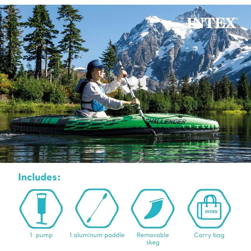 Intex Challenger K1 One Person Durable Vinyl Kayak with Inflatable Seat Oar Pump Carrying Bag