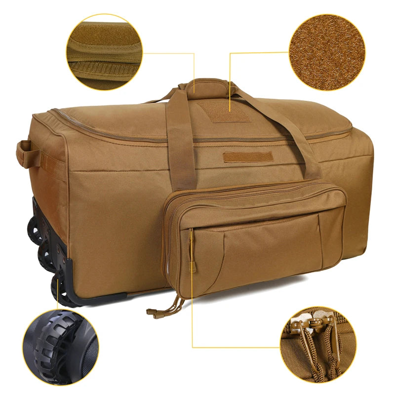Large Capacity Military Tactical Travel Bag Wheeled Deployment Trolley Duffel Bag Heavy Duty Camping Hiking Running Trekking