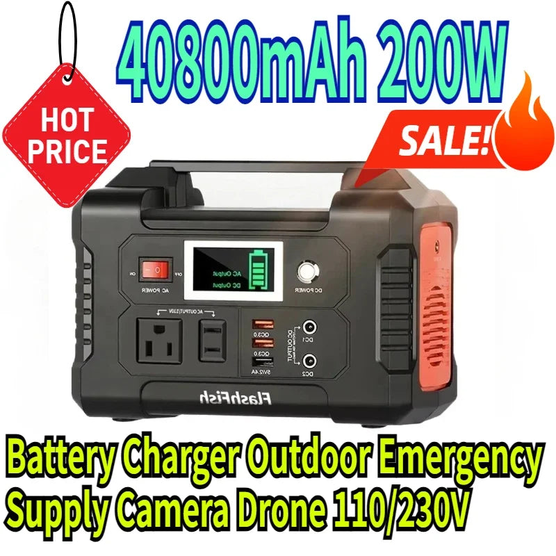 Portable Power Station 40800mAh Battery Charger Outdoor Emergency Supply 110230V Solar Generator AC 200W Powerbank
