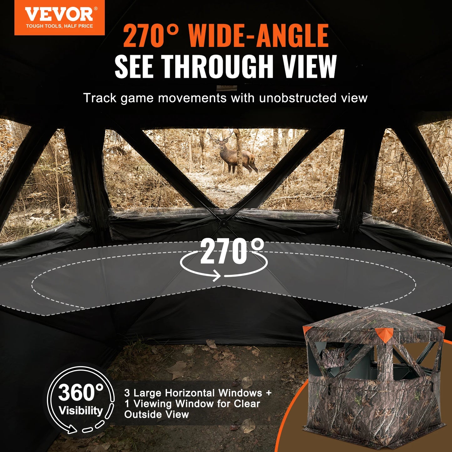 Vevor Hunting Blind 270 Degree See Through Ground Blind 2-3 Person Pop Up Deer Blind with Carrying Bag Portable Tent