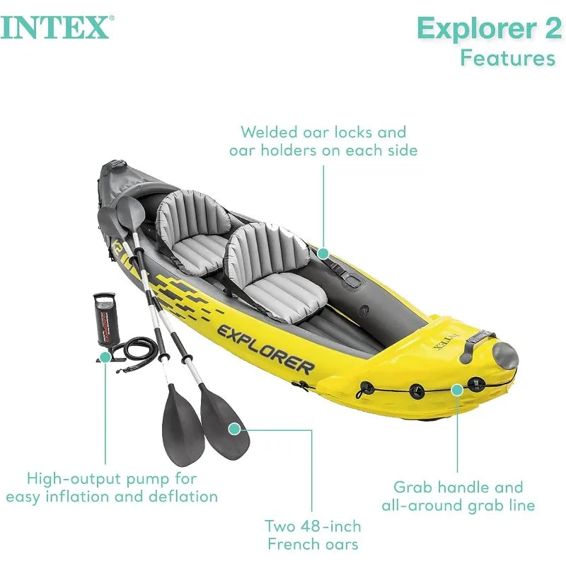 Intex 68307EP Explorer K2 Inflatable Kayak Set with Deluxe 86 Inch Aluminum Oars and High Output Pump Super Strong PVC