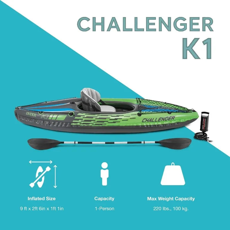Intex Challenger K1 One Person Durable Vinyl Kayak with Inflatable Seat Oar Pump Carrying Bag