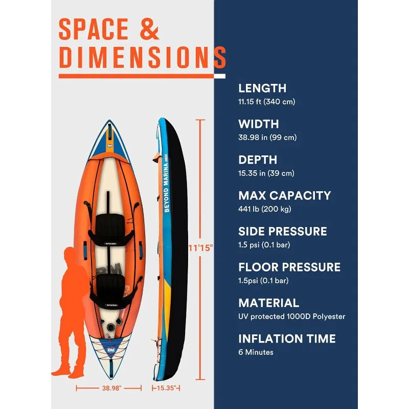 Beyond Marina Inflatable Kayak 2 Person Recreational Touring Kayak with Hand Pump and Pressure Gauge Fishing Tandem Kayak 11.15 FT