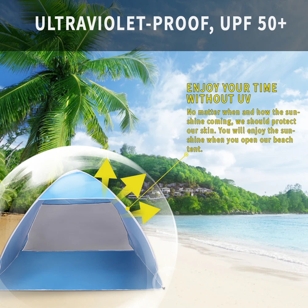 2-3 Person Beach Tent Pop Up Sun Shelter Automatic Umbrella Fishing Shelter Blue