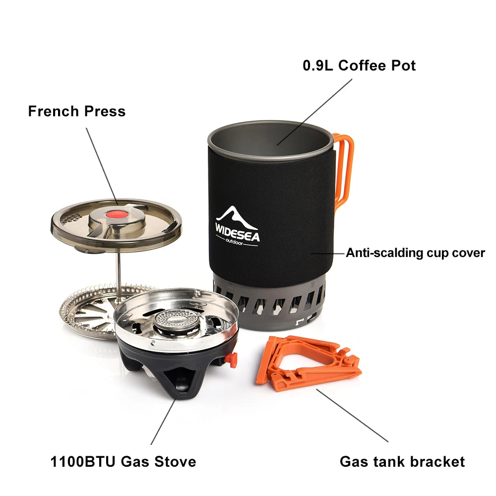 Widesea Camping Cooking System with Heat Exchanger Outdoor Gas Stove Burner and Coffee Pot Cookware Set
