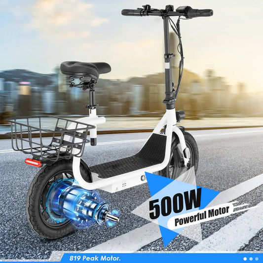 Peak 819W Electric Scooter with 500W Motor and Seat 14 Inch Tire 30 Miles Range 20MPH Max Speed E Scooter for Adults 300 LBS