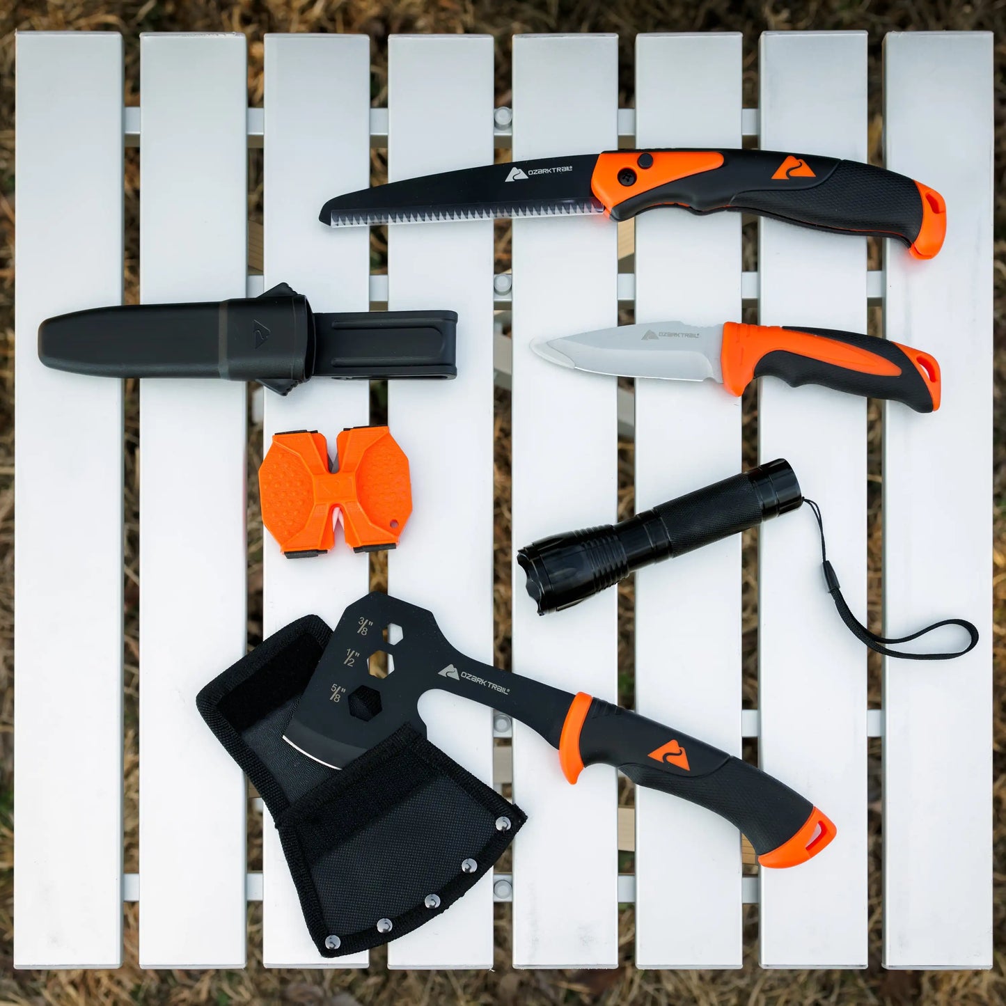 Ozark Trail 7 Piece Camping Tool Set with Hammer Axe Flashlight and Knives Batteries Included