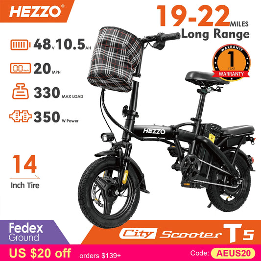 Folding Electric Bike for Adults with Basket 350W Foldable Electric Bicycle 48V 10.4AH Lightweight Commuting Escooter