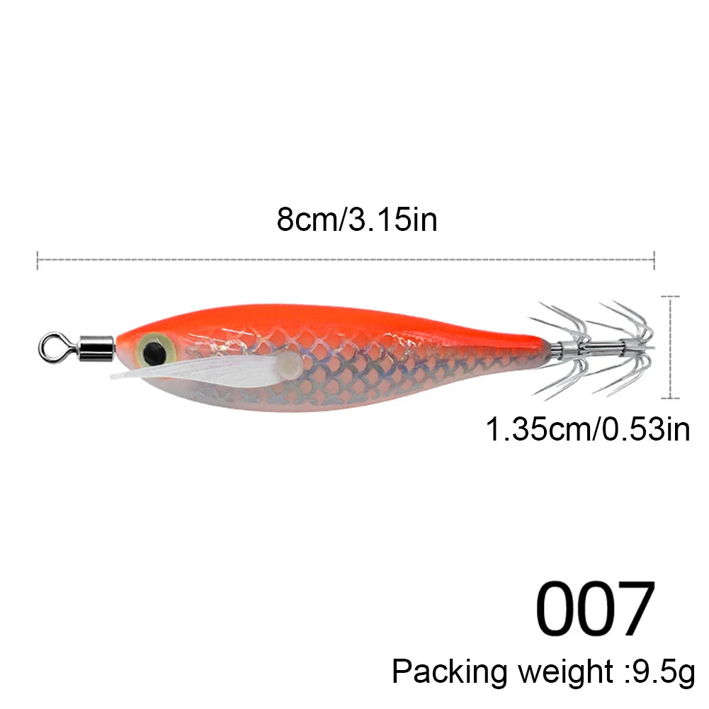1-10PCS 9.5g Laser Luminous Squid Jig Floating Horizontal Wood Shrimp Egi Lure Bait Octopus Cuttlefish Fishing Baits 8cm