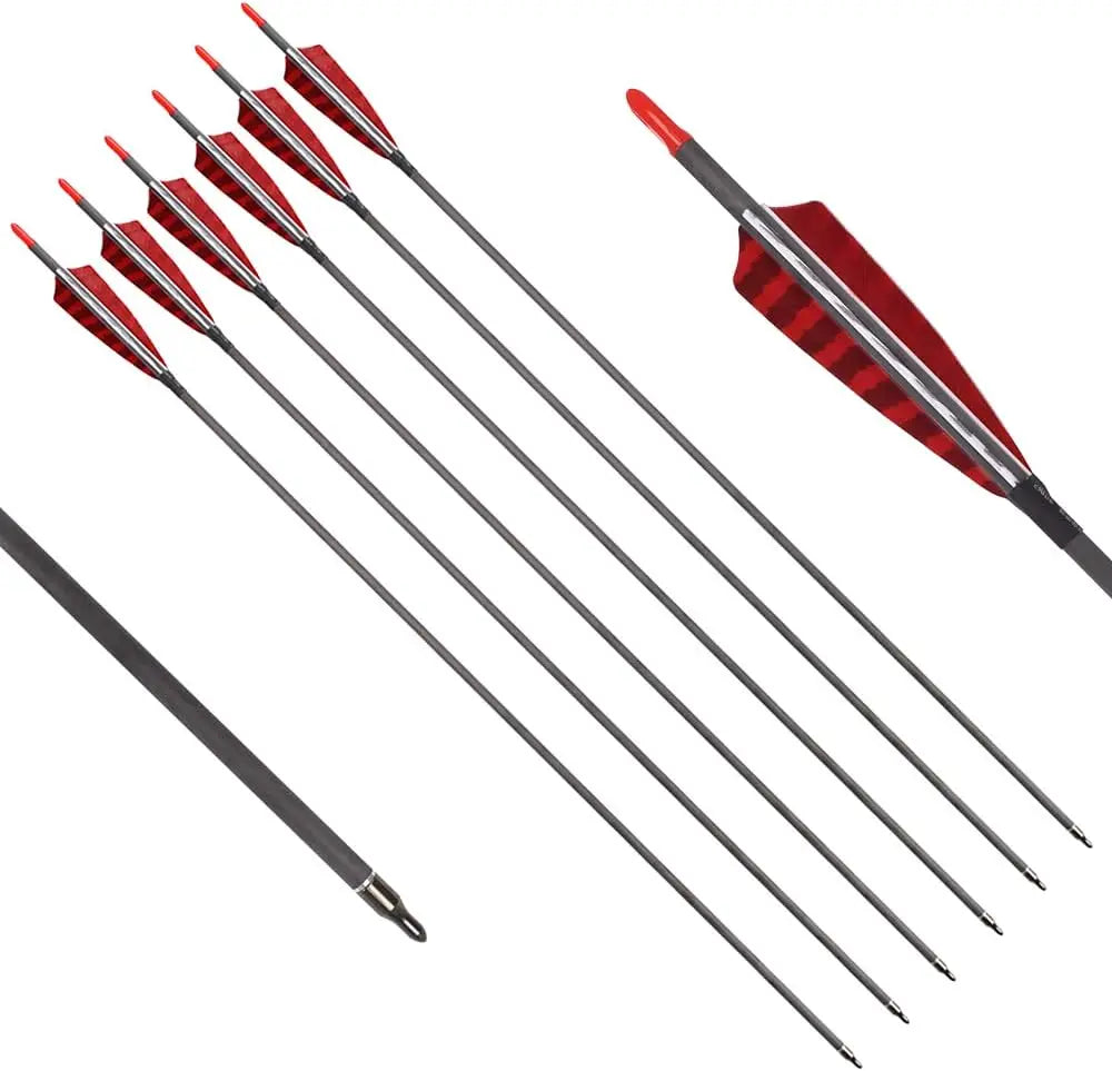 30 Inch Pure Carbon Arrows for Compound Bows 6 or 12 Pack Spine 600 700 with 100 Grain Screw Tips and 4 Inch Turkey Feathers