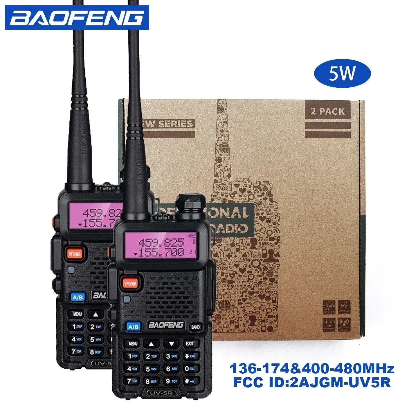 2PCS BAOFENG UV-5R High Power Dual Band Two Way Radio Long Range Handheld Portable Walkie Talkies for Hunting