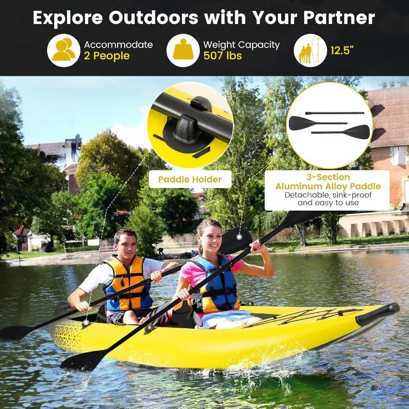 GYMAX Inflatable Tandem Kayak 12.5 Feet 507 Pounds Capacity with 2 Aluminum Paddles 2 Padded Seats Footrests 2 Fins Hand Pump and Carry Bag