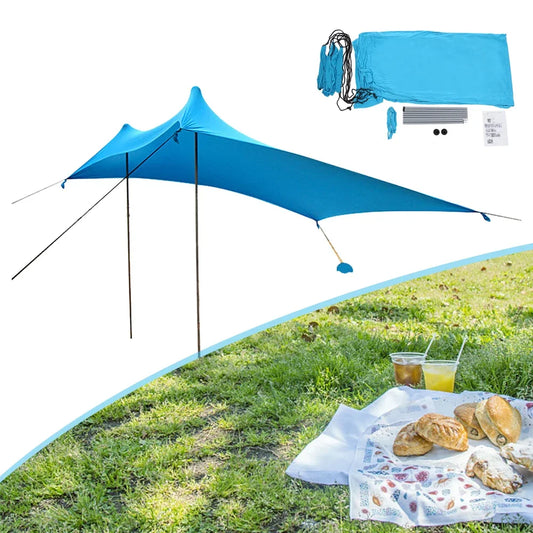 Beach Tent Sun Shelter 9.84ft Large Size Durable Aluminum Alloy and Oxford Cloth Adjustable Support Poles Easy to Carry