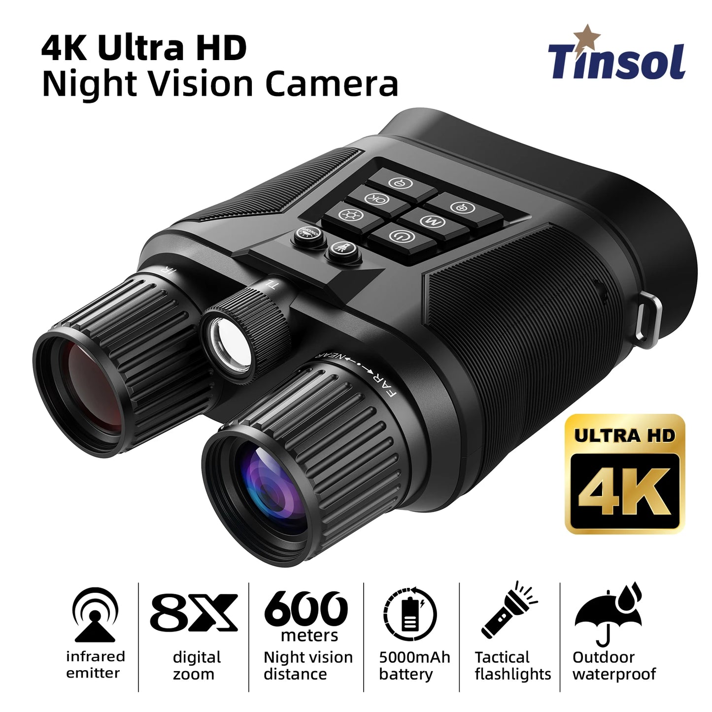Tinsol 600M Infrared Night Vision Telescope Hunting Camera 3 Inch 4K HD 8x Zoom Anti Shake Digital Binoculars with Flashlight