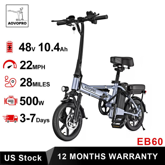 AOVOPRO 14 Inch EB60 Foldable Electric Bike 500W 48V 10.4AH Two Seat Long Range 22MPH 28 Miles
