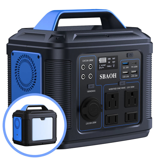 Portable Power Station 300W 296Wh 80000mAh Lithium Battery Solar Generator with 100W USB-C PD Output and 110V AC Outlet