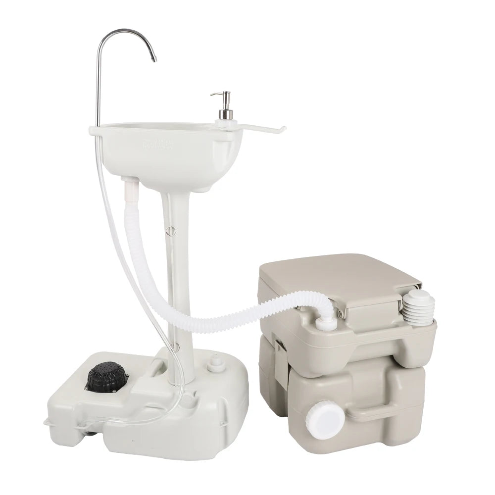 Outdoor Portable Camping Sink with Toilet Standing Hand Wash Basin with Foot Pump and Water Tank for RV Travel Fishing
