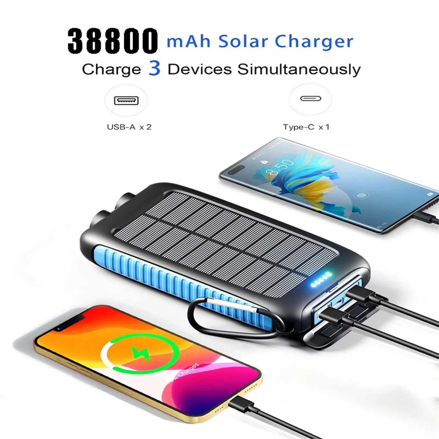 38800mAh Solar Power Bank Portable Charger Dual USB Fast Charging Waterproof LED for Outdoor Camping Phones Tablets