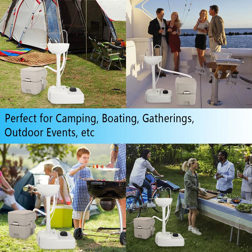 Outdoor Portable Camping Sink with Toilet Standing Hand Wash Basin with Foot Pump and Water Tank for RV Travel Fishing