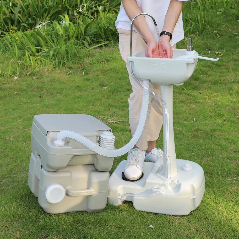 Outdoor Portable Camping Sink with Toilet Standing Hand Wash Basin with Foot Pump and Water Tank for RV Travel Fishing