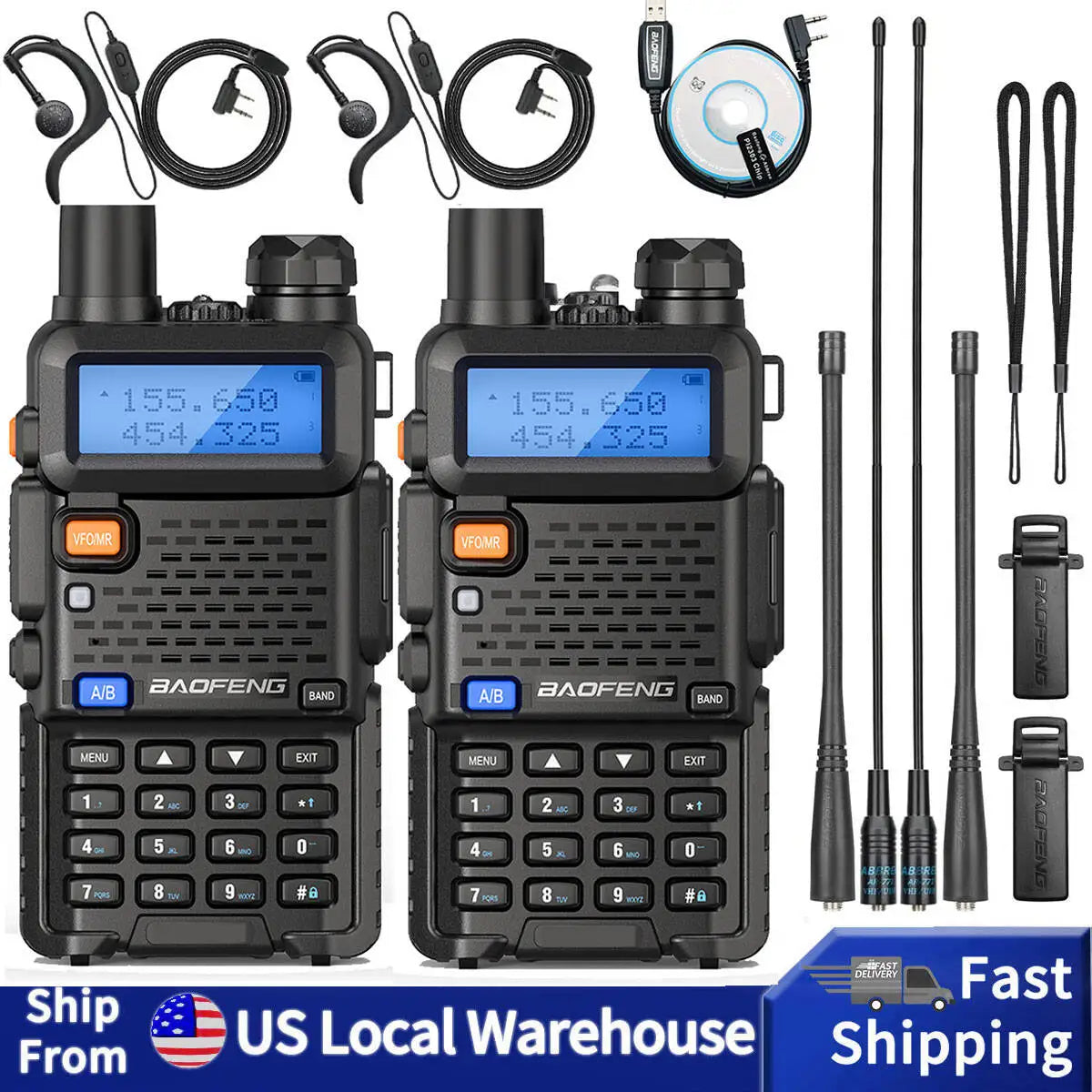 2PCS Baofeng UV-5R Walkie Talkie Dual Band VHF UHF Two Way Radio Long Range 128 Channel VOX Handheld Transceiver