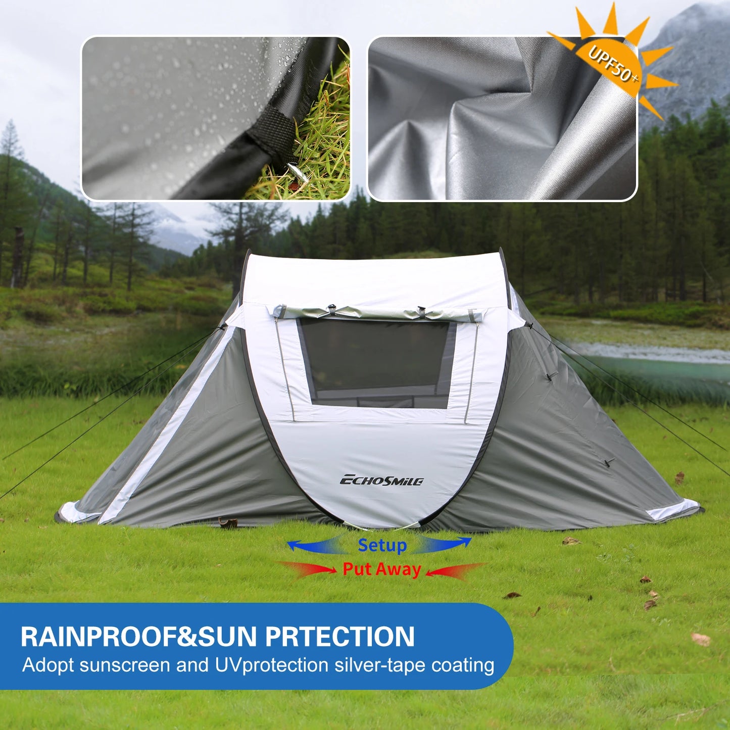 White Gray Automatic Opening Pop Up Camping Tent for Two People High Quality Convenient Carry Design