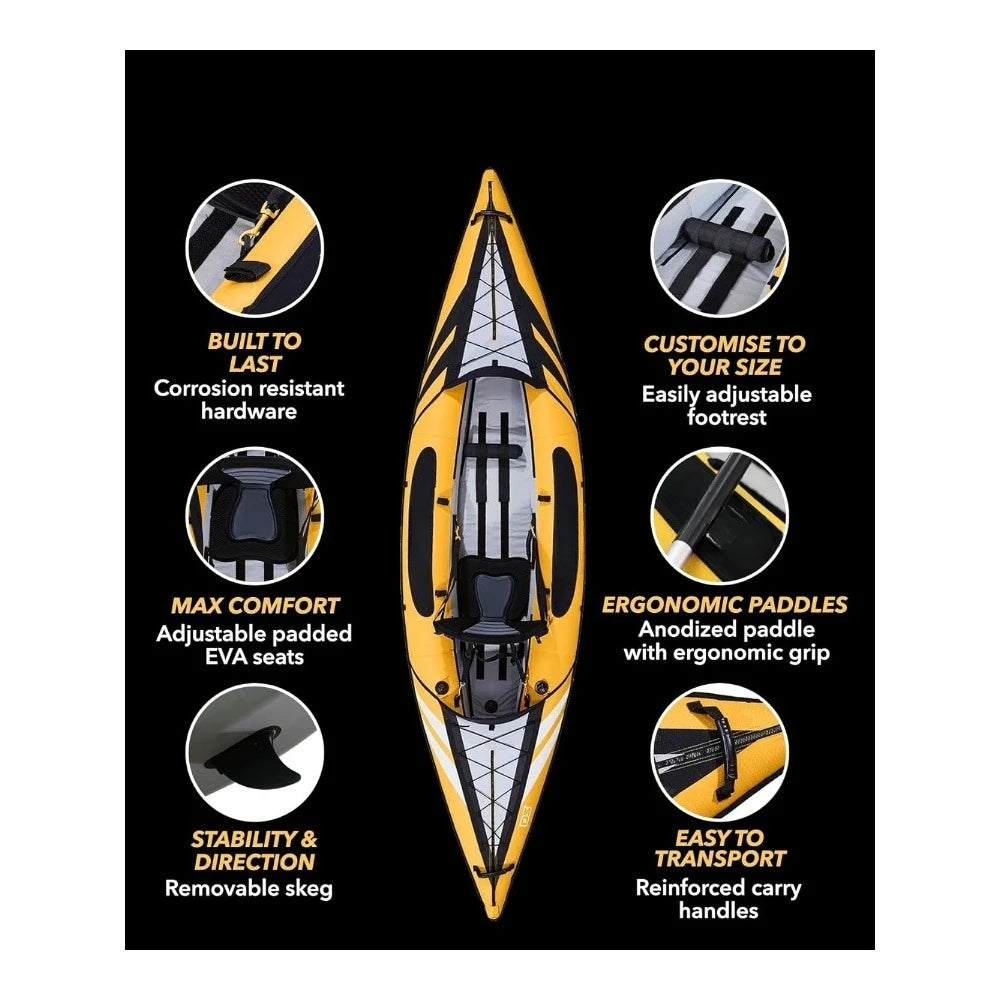 Inflatable Kayak for 1 and 2 Persons with EVA Padded Seats High Back Support Paddles and Pump
