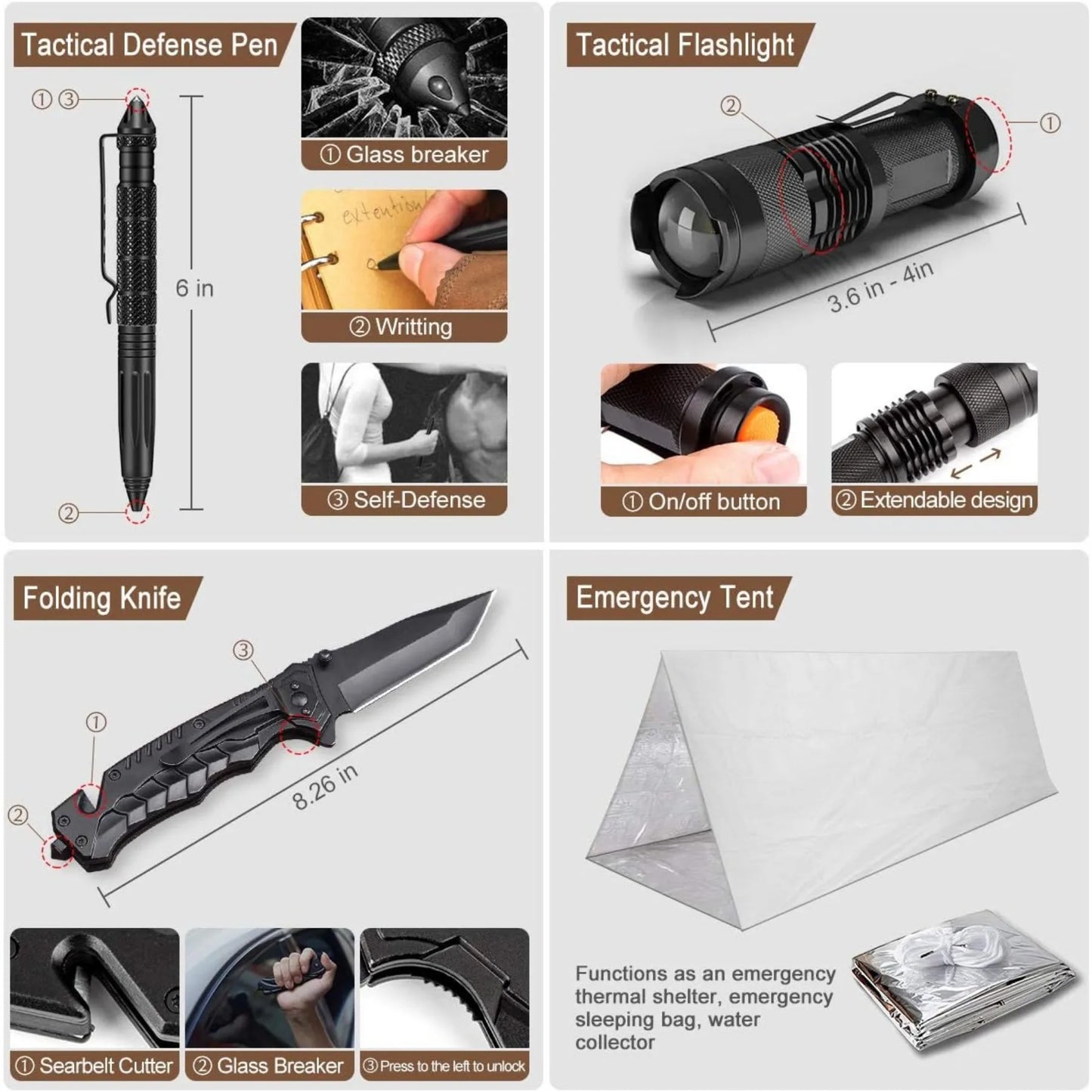 238 Pieces Emergency Survival Kit Professional Survival Gear Tool with Tactical Molle Pouch and Emergency Tent for Earthquake