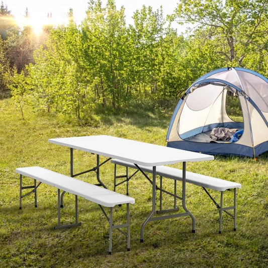 Picnic Table Set with 2 Benches 6 Feet Camping Table Chair Set 3 Piece Folding Furniture for Indoor or Outdoor Use