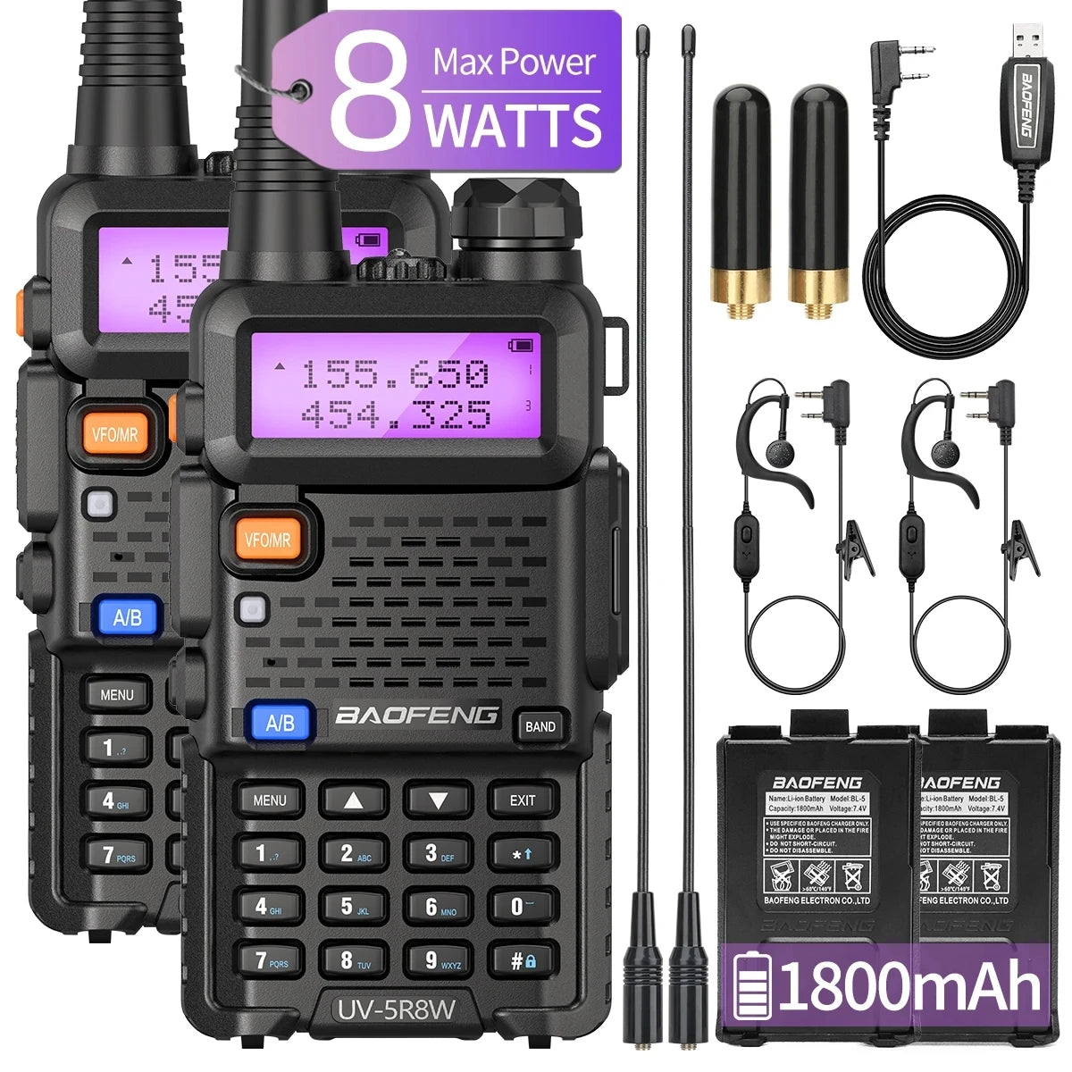 2PCS Baofeng UV-5R Walkie Talkie Dual Band VHF UHF Two Way Radio Long Range 128 Channel VOX Handheld Transceiver