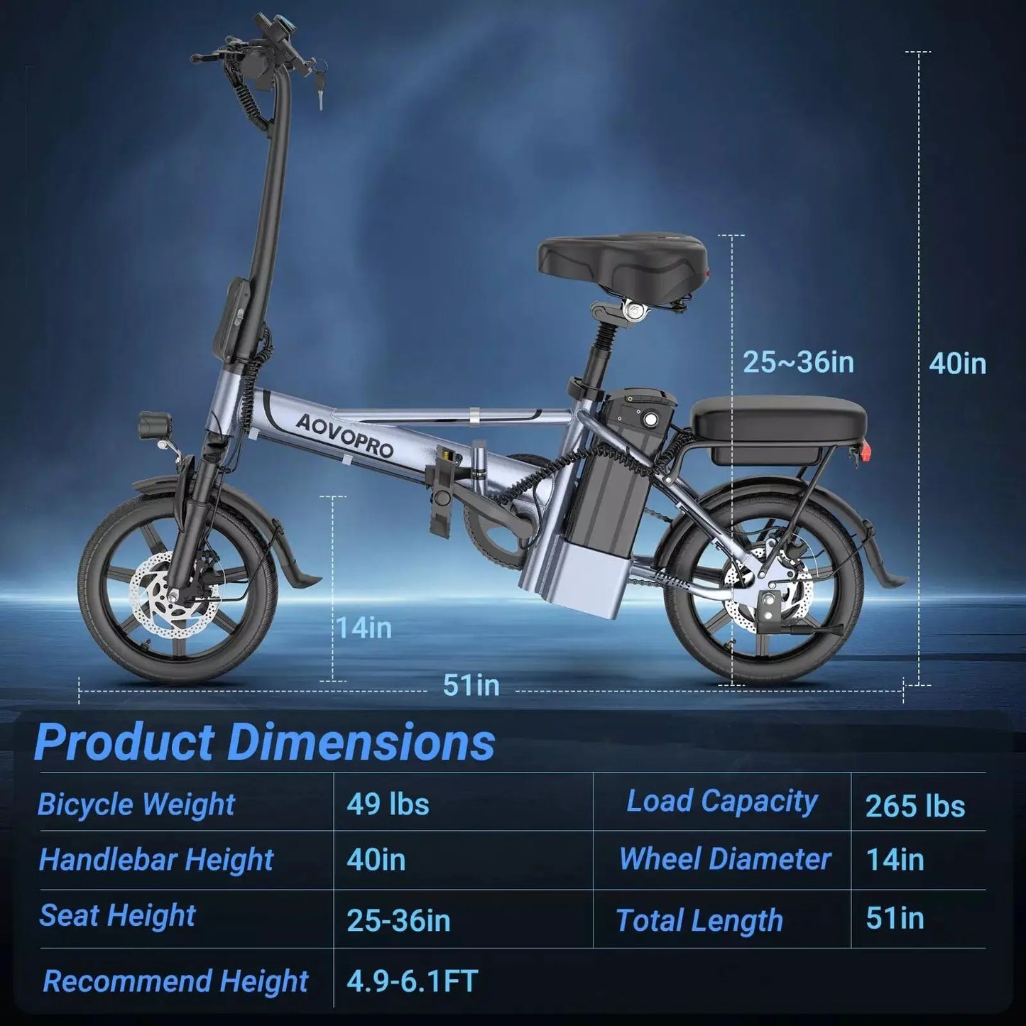 AOVOPRO 14 Inch EB60 Foldable Electric Bike 500W 48V 10.4AH Two Seat Long Range 22MPH 28 Miles