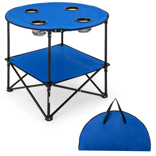 2 Tier Foldable Camping Table with Carrying Bag and 4 Cup Holders for BBQ and Camping