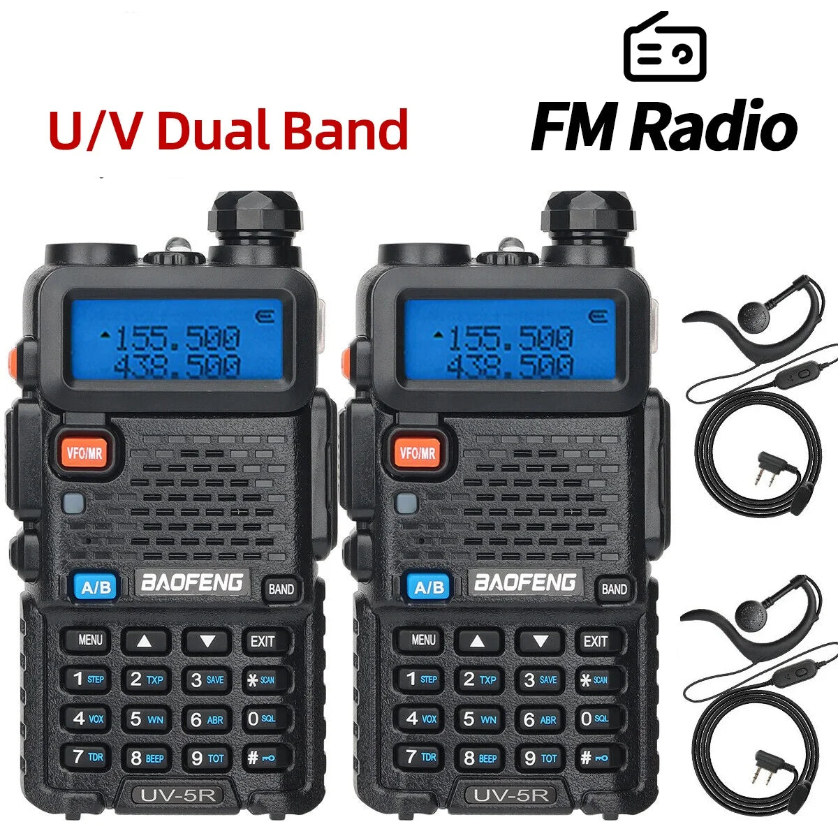 2PCS Baofeng UV-5R Walkie Talkie Dual Band VHF UHF Two Way Radio Long Range 128 Channel VOX Handheld Transceiver