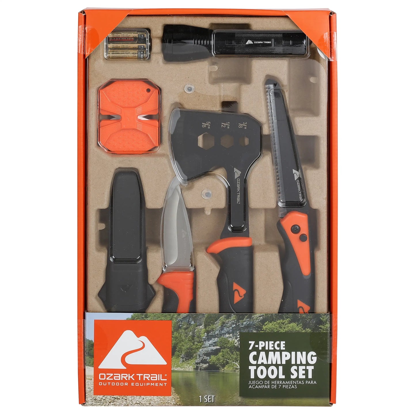 Ozark Trail 7 Piece Camping Tool Set with Hammer Axe Flashlight and Knives Batteries Included