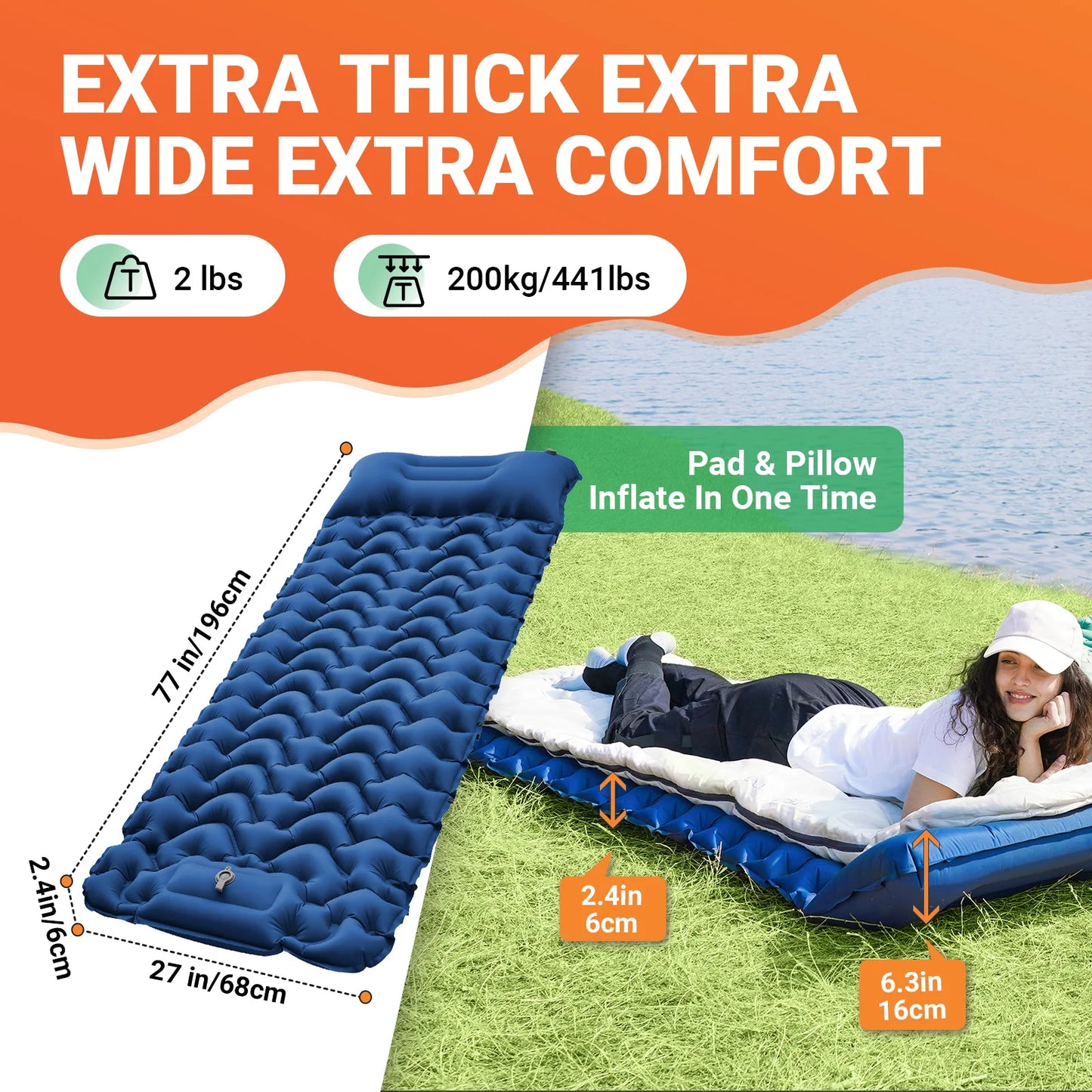 KingCamp Self Inflating Sleeping Pad Ultralight Inflatable Sleeping Mat With Built-In Pillow And Foot Pump For Hiking And Traveling